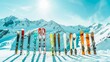© Jafree - Colorful Skis Lined Up on Snowy Mountain Top, Concept of Winter Sports, Ski Equipment, Mountain Scenery. Copy space