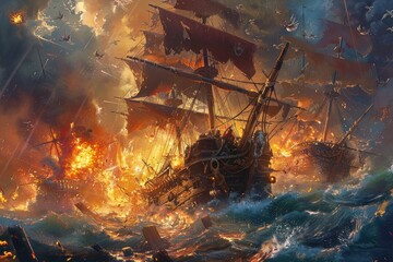 Wall Mural - A painting of a ship in a storm with a red flag on the mast. The ship is surrounded by other ships and there are birds flying in the sky. The mood of the painting is intense and chaotic