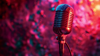 Poster - This close-up of a vintage microphone on a stage with pink and blue lighting.