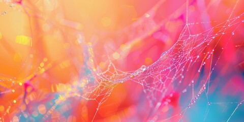 Vibrant dew-covered spider web on a colorful abstract background. Concept of nature, morning dew, intricate patterns, delicate textures. Copy space
