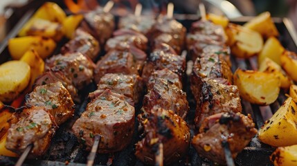 Sticker - A plate of meat and potatoes on a grill. The meat is marinated and has a nice sear. The potatoes are cut into small pieces and are being grilled as well