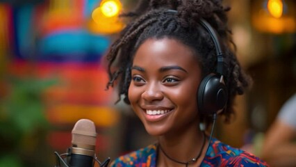 Poster - This young woman with dreadlocks smiles while recording with a microphone and headphones.
