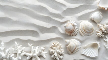 Sticker - White Seashells and Coral on White Sand.