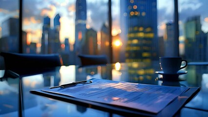 Aufkleber - An office meeting room with a large window overlooking a city skyline. A document lays open on the table, with a coffee cup and saucer nearby. The sun is setting, casting a warm glow on the city.