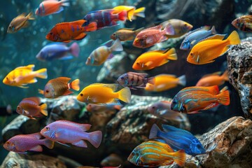 Wall Mural - A colorful fish tank with a variety of fish swimming around. The fish are of different colors and sizes, creating a vibrant and lively scene