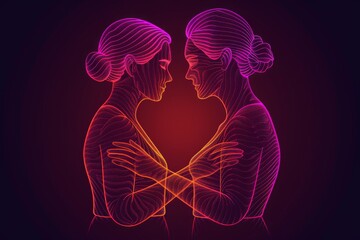 Abstract neon illustration of two people holding a glowing heart symbolizing connection love and energy with a vibrant electric color palette and a modern dynamic style