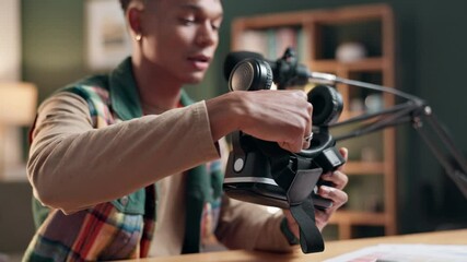 Poster - Man, vr glasses or review of technology for creative business in home office, work or presentation. Male influencer, metaverse or content creator with information for online gaming or video streaming