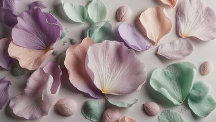 Poster - Soft, pastel rose petals are scattered on a white surface