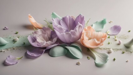 Poster - Pastel flowers scattered on grey with delicate petal details