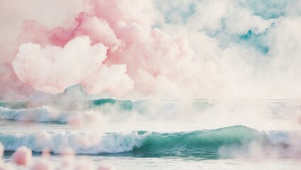 Wall Mural - Soft pink and blue clouds over a breaking ocean wave