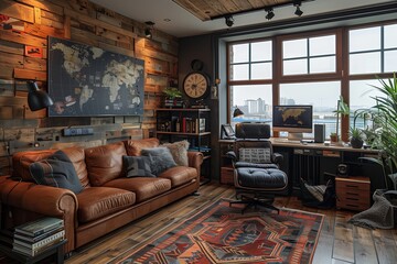 Sticker - Modern Rustic Living Room Interior Design With Leather Sofa, World Map, and City View