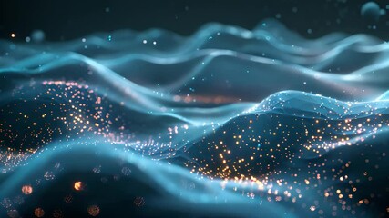 Poster - A digital abstract image of blue waves with golden sparkles, creating a dynamic and ethereal scene.
