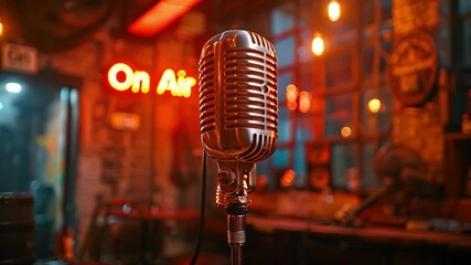Poster - This close-up shot of a vintage microphone in a room with red lighting.