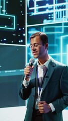 Poster - Vertical video Speaker does presentation during tech conference, exploring successful implementation of AI in driving forward startup businesses, sharing latest machine learning discoveries, camera B