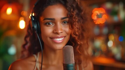 Aufkleber - This young woman with curly hair smiles as she records audio in a studio.