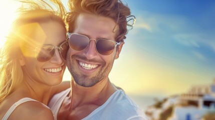 Wall Mural - A man and woman are smiling and wearing sunglasses