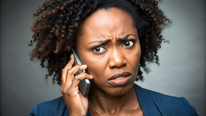head shot annoyed african american woman talking on phone