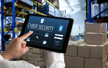 Poster - cyber security system on computer screen protect private information snugly from hacker and cyber at