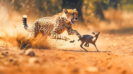 Wall Mural - powerful cheetah sprinting at full speed to catch a fleeing deer on a dusty dirt road in the african