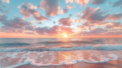 Wall Mural - Pastel-colored sky with soft, fluffy clouds at sunrise, offering a calming and picturesque background texture for tranquil and peaceful designs. , Minimalism,