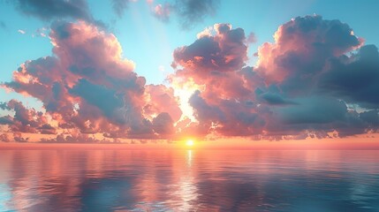 Wall Mural - Pastel-colored sky with soft, fluffy clouds at sunrise, offering a calming and picturesque background texture for tranquil and peaceful designs. , Minimalism,