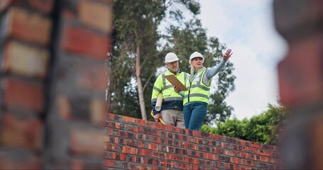 Poster - Planning, teamwork and project manager at construction site with floor plan development or renovation ideas. Engineering, people or builder with building checklist, clipboard and discussion below