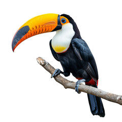 Colorful toucan perched on a branch showcasing its large vivid yellow-orange beak, isolated on a white background, transparent background.