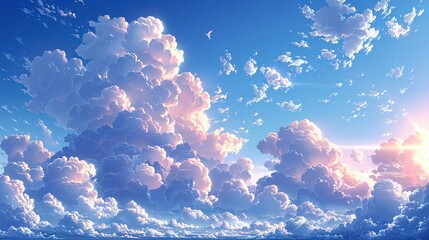 Wall Mural - Pastel-colored sky with soft, fluffy clouds at sunrise, offering a calming and picturesque background texture for tranquil and peaceful designs. , Minimalism,