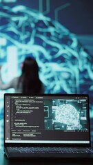 Poster - Vertical video Engineers use AR tech to visualize AI neural networks brain, solving company problems. IT professionals using artificial intelligence augmented reality hologram, camera B