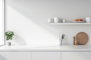 Wall Mural - Kitchen with white walls, white cupboards and a wooden shelf with dishes.