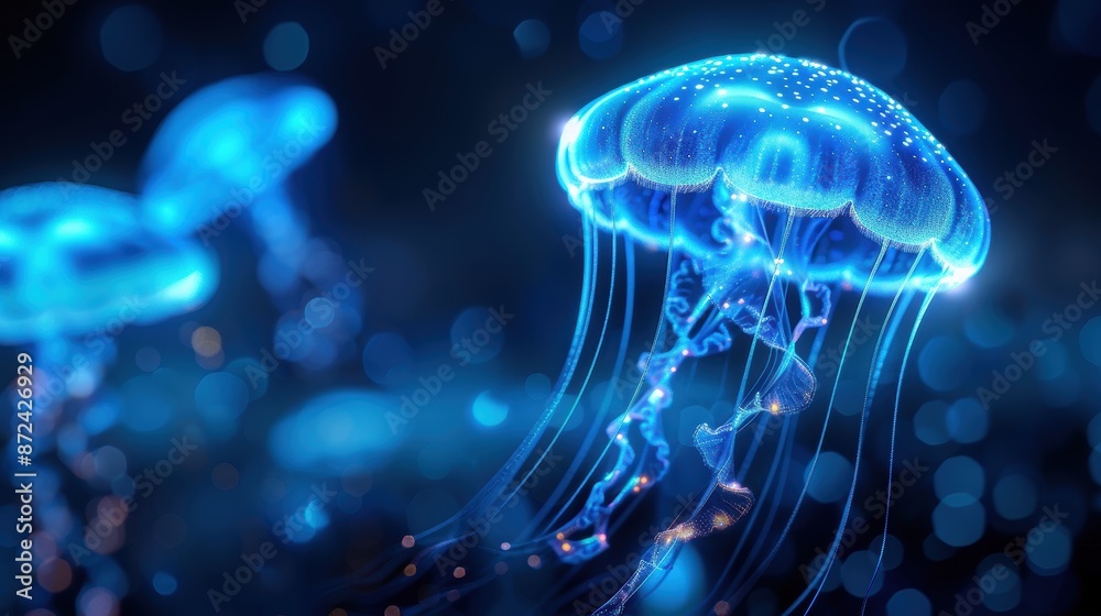 Beautiful glowing jellyfish swimming in the deep ocean. Captivating ...