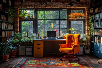 Poster - A Brightly Lit Home Office With a Large Window and an Orange Chair