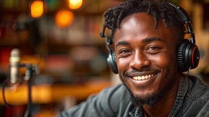 Poster - This man smiles while wearing headphones during a podcast recording session.