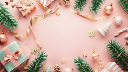 Sticker - Festive Christmas Background with Decorations and Gifts