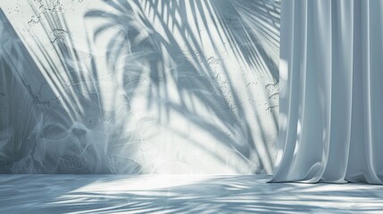 Poster - Minimalist Interior with Palm Tree Shadows and White Curtain