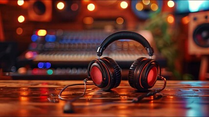 Poster - This Red and black headphones on a wooden table. Podcast and streaming concept