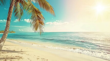 Sticker - Tranquil Beach Scene with Palm Tree and Sun