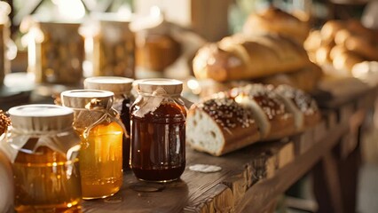 Poster - Jars of homemade jam and honey sit next to crusty loaves of bread waiting to be enjoyed with the meal.