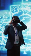Poster - Vertical video Engineers use VR smart goggles and AI neural networks to solve company problems. IT experts using artificial intelligence and AR virtual reality tech to visualize startup business data