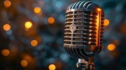 Poster - This vintage microphone against a background of bokeh lights. Podcast and streaming concept
