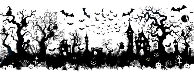 Wall Mural - A black and white Halloween scene with bats flying around a graveyard