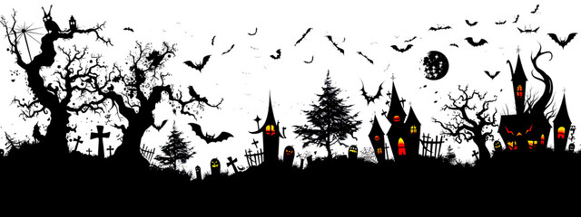 A Halloween scene with a graveyard, houses, and bats