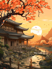 Wall Mural - A cartoon vector illustration of an ancient Chinese house with a large cherry tree next to it