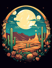 Wall Mural - A vector design for a t-shirt with a desert and cactus, colorful desert mountains in the background