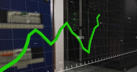 Sticker - Image of graph with changing numbers over illuminated data server systems in server room