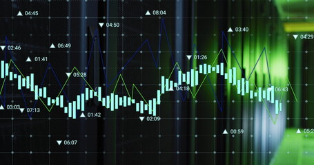 Poster - Image of multiple graphs with changing numbers over data server racks in server room