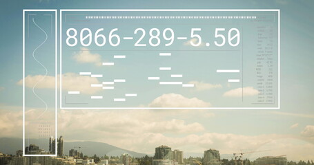 Poster - Image of changing numbers, graph over modern city and mountain against cloudy sky