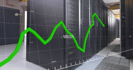 Poster - Image of graph with changing numbers over illuminated data server racks in server room