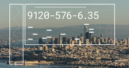 Poster - Image of graphs, loading bars and changing numbers over modern city against sea and mountains