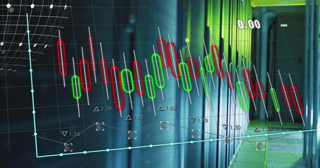 Poster - Image of multiple graphs and numbers with globe over data server room